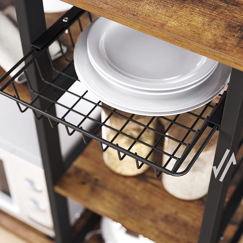 Kitchen Shelf with Steel Frame Wire Basket and 6 Hooks Rustic Brown and Black - John Cootes