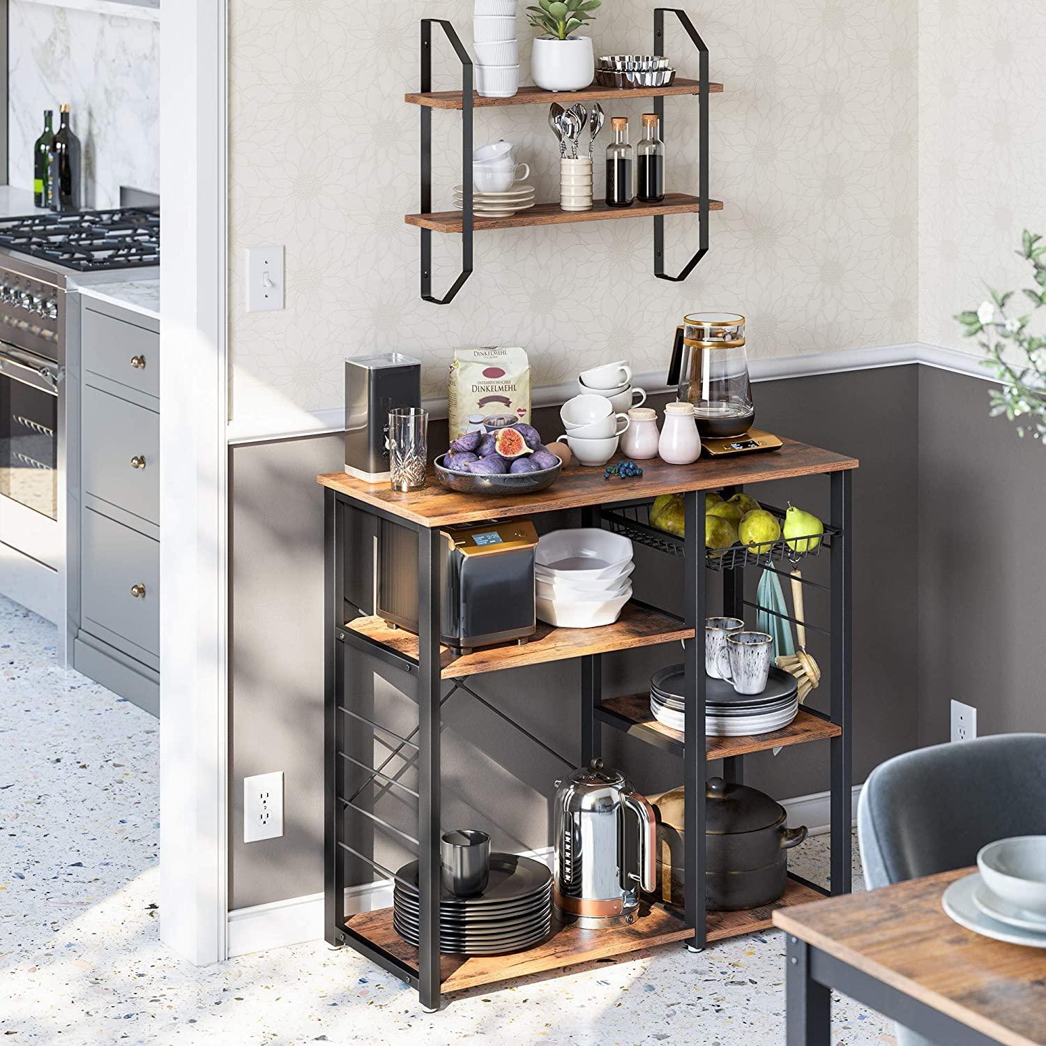 Kitchen Shelf with Steel Frame Wire Basket and 6 Hooks Rustic Brown and Black - John Cootes