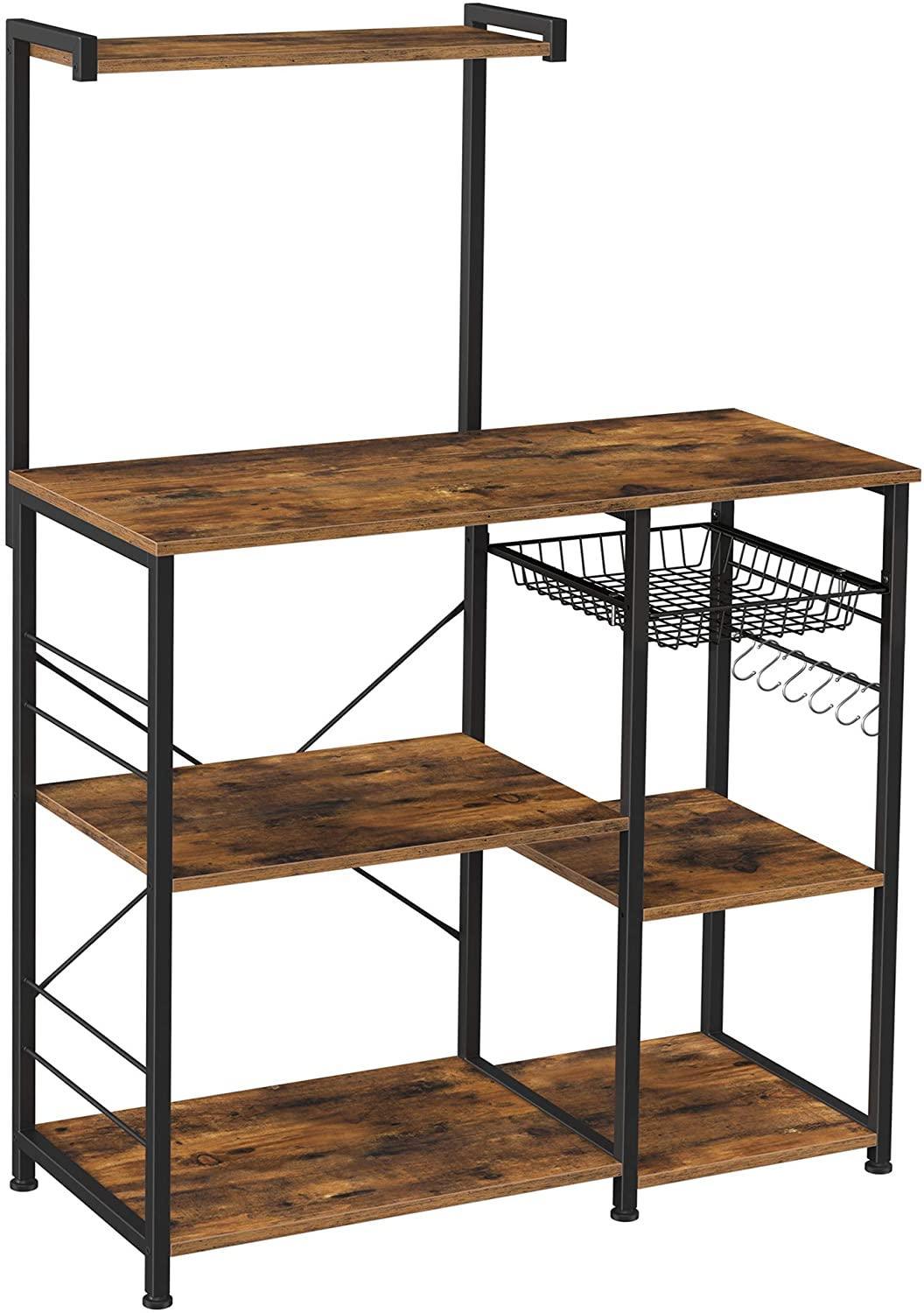 Kithcen Baker's Rack with Shelves Microwave Stand with Wire Basket and 6 S-Hooks Rustic Brown - John Cootes