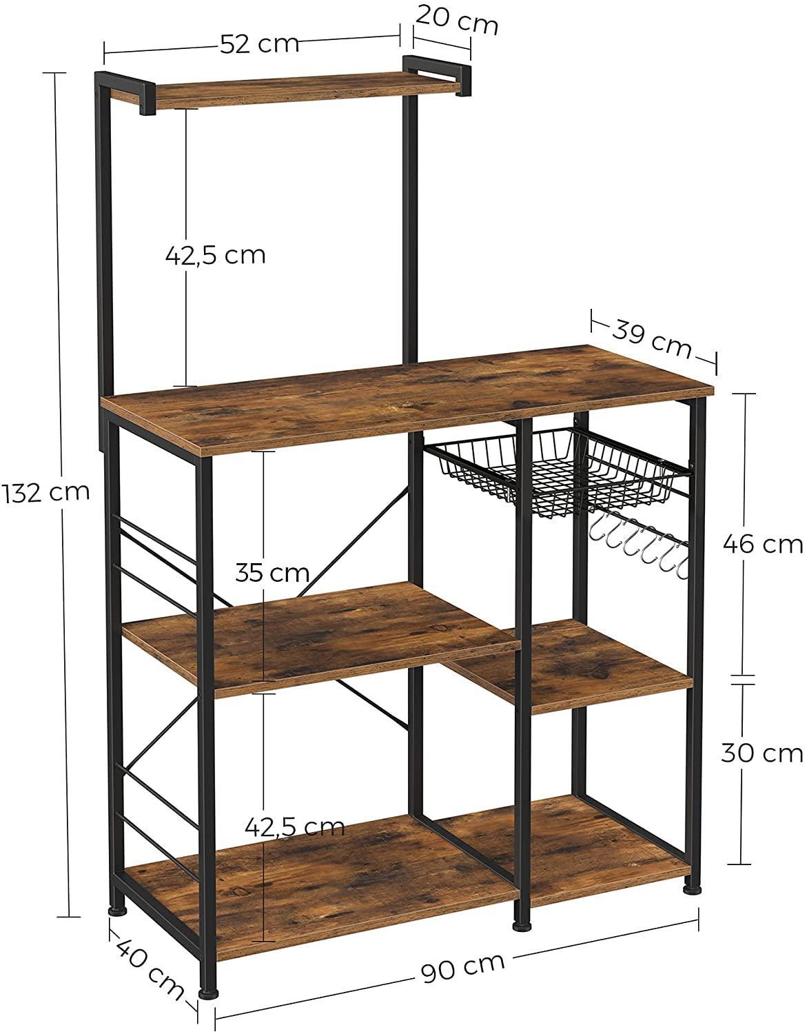 Kithcen Baker's Rack with Shelves Microwave Stand with Wire Basket and 6 S-Hooks Rustic Brown - John Cootes