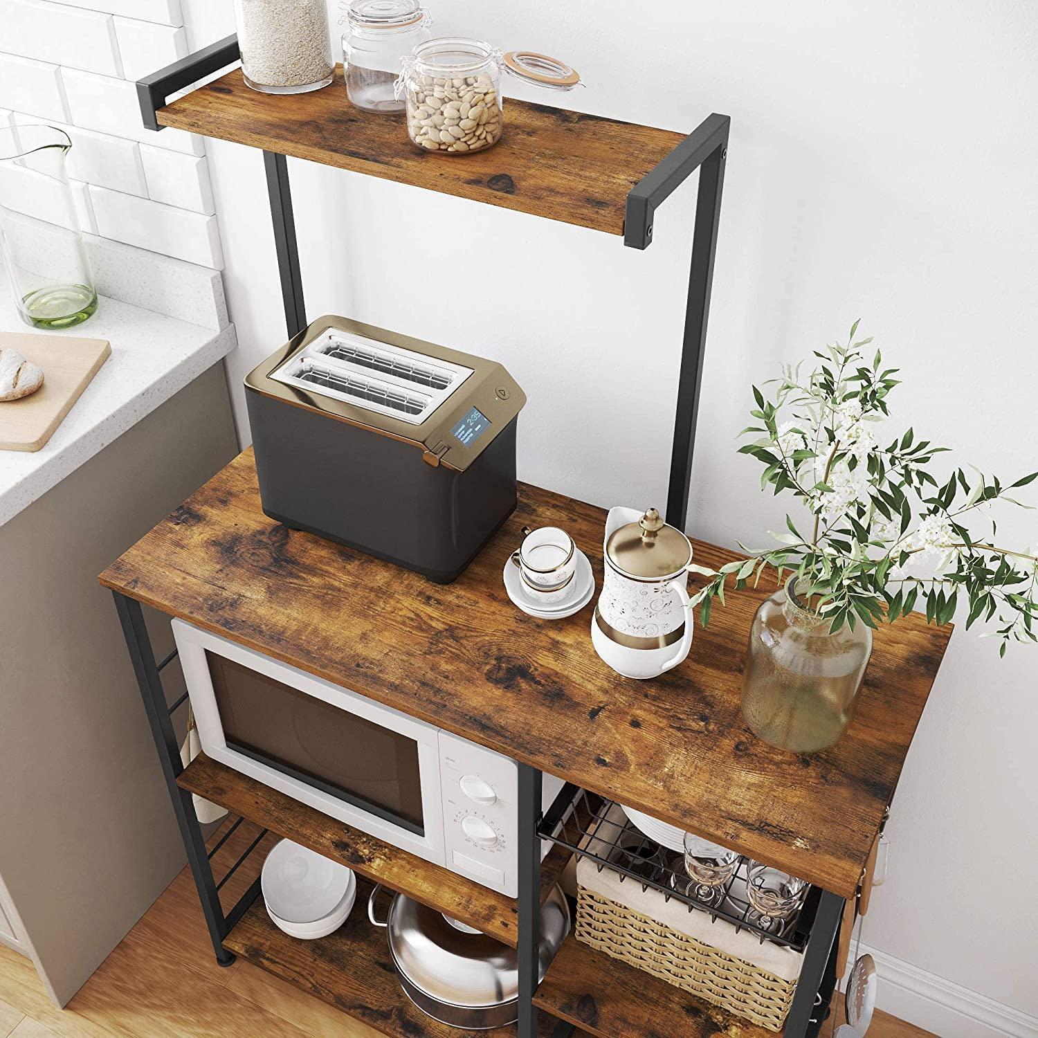 Kithcen Baker's Rack with Shelves Microwave Stand with Wire Basket and 6 S-Hooks Rustic Brown - John Cootes