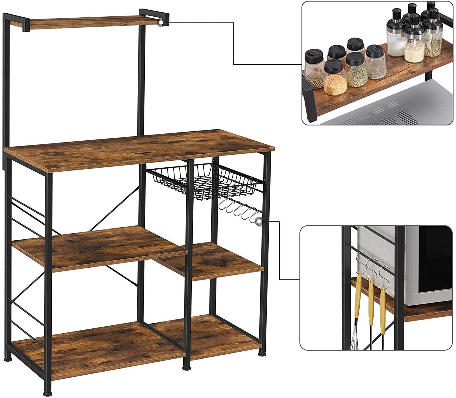 Kithcen Baker's Rack with Shelves Microwave Stand with Wire Basket and 6 S-Hooks Rustic Brown - John Cootes