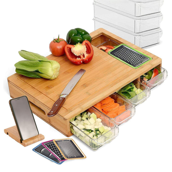 Large Bamboo Cutting Board and 4 Containers with Mobile Holder gift included for Home Kitchen - John Cootes