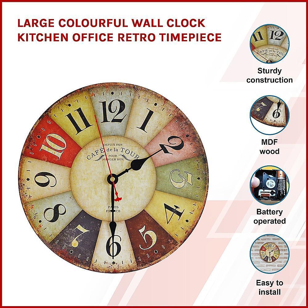 Large Colourful Wall Clock Kitchen Office Retro Timepiece - John Cootes