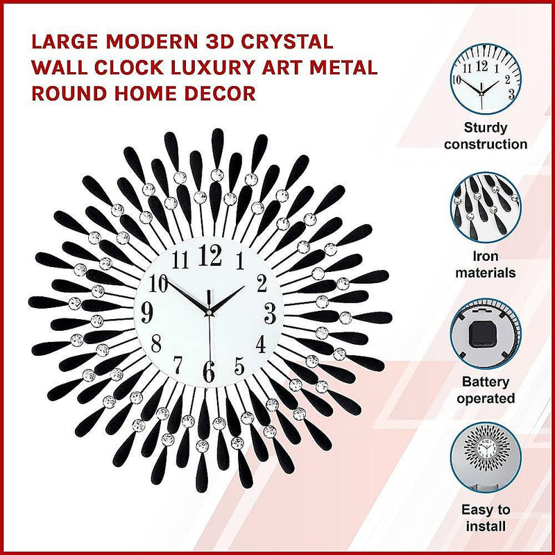 Large Modern 3D Crystal Wall Clock Luxury Art Metal Round Home Decor - John Cootes