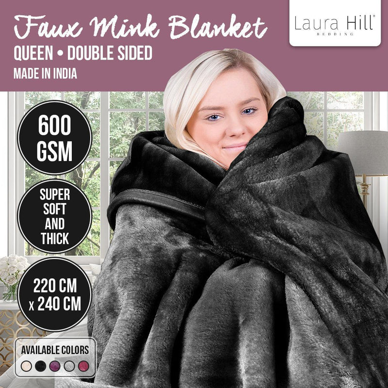 Laura Hill 600GSM Faux Mink Blanket Double-Sided Queen Size - Black - John Cootes