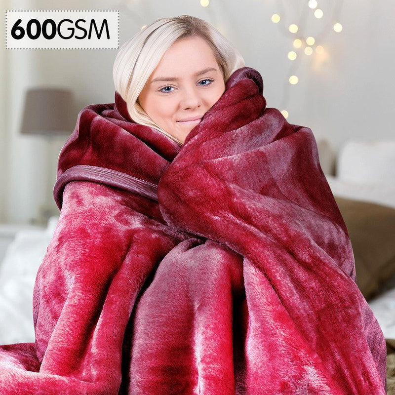 Laura Hill 600GSM Faux Mink Blanket Double-Sided Queen Size - Wine Red - John Cootes