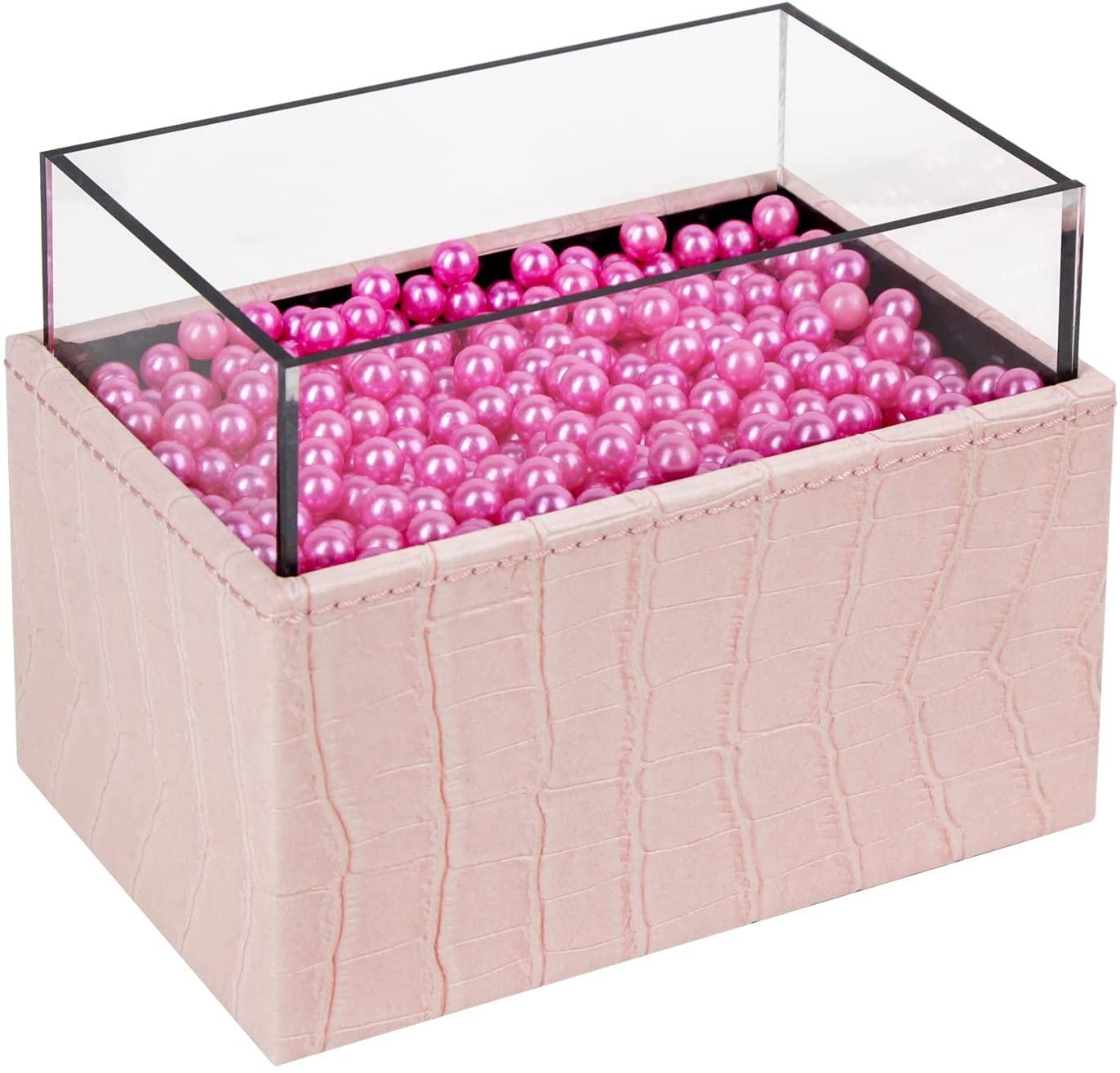 Leather Makeup Brush Cosmetic Organiser Storage Box with Pink Pearls and Acrylic Cover (Pink) - John Cootes