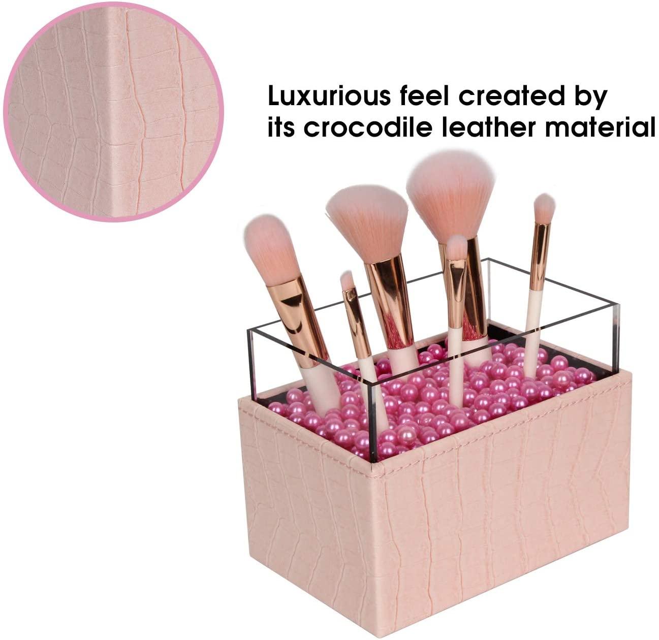 Leather Makeup Brush Cosmetic Organiser Storage Box with Pink Pearls and Acrylic Cover (Pink) - John Cootes