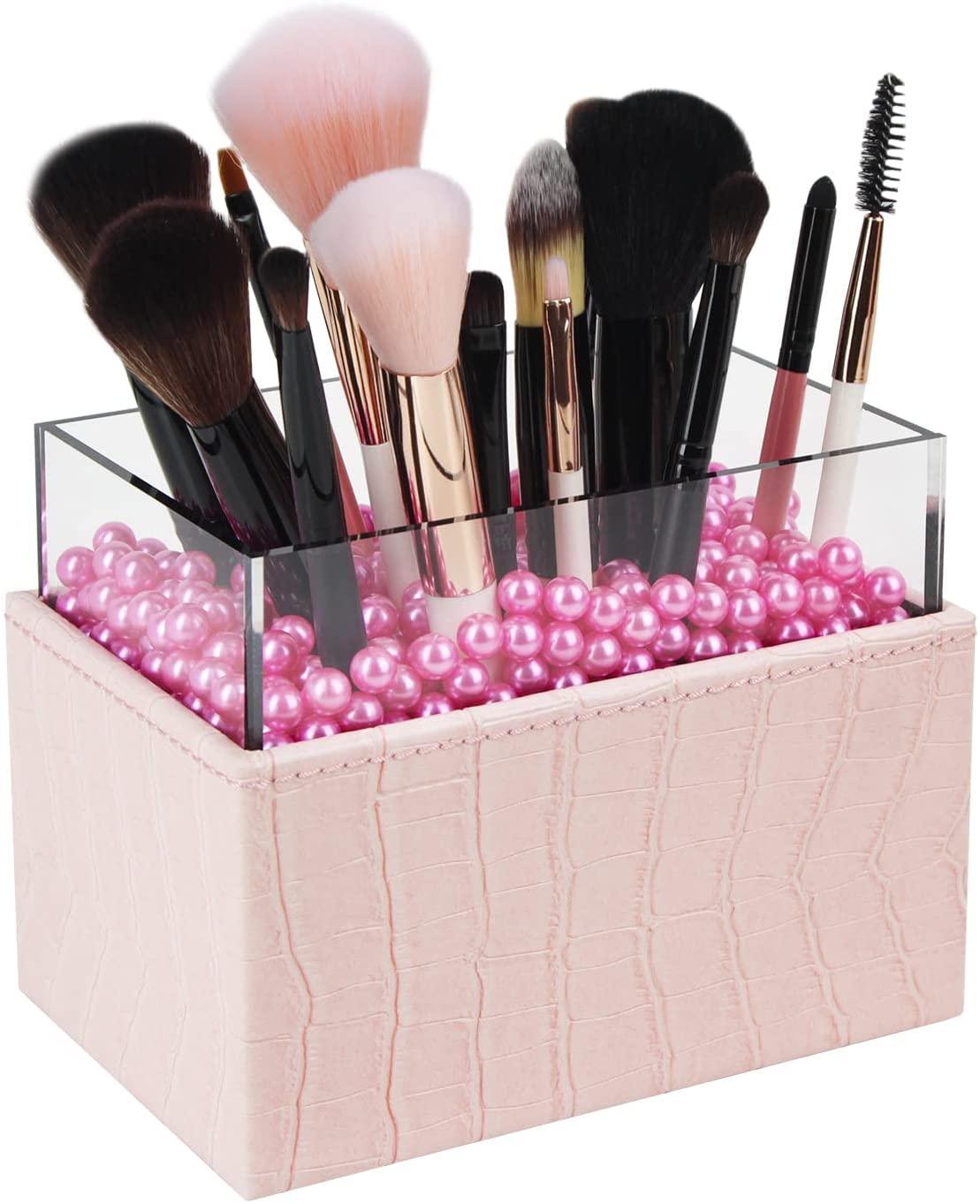 Leather Makeup Brush Cosmetic Organiser Storage Box with Pink Pearls and Acrylic Cover (Pink) - John Cootes