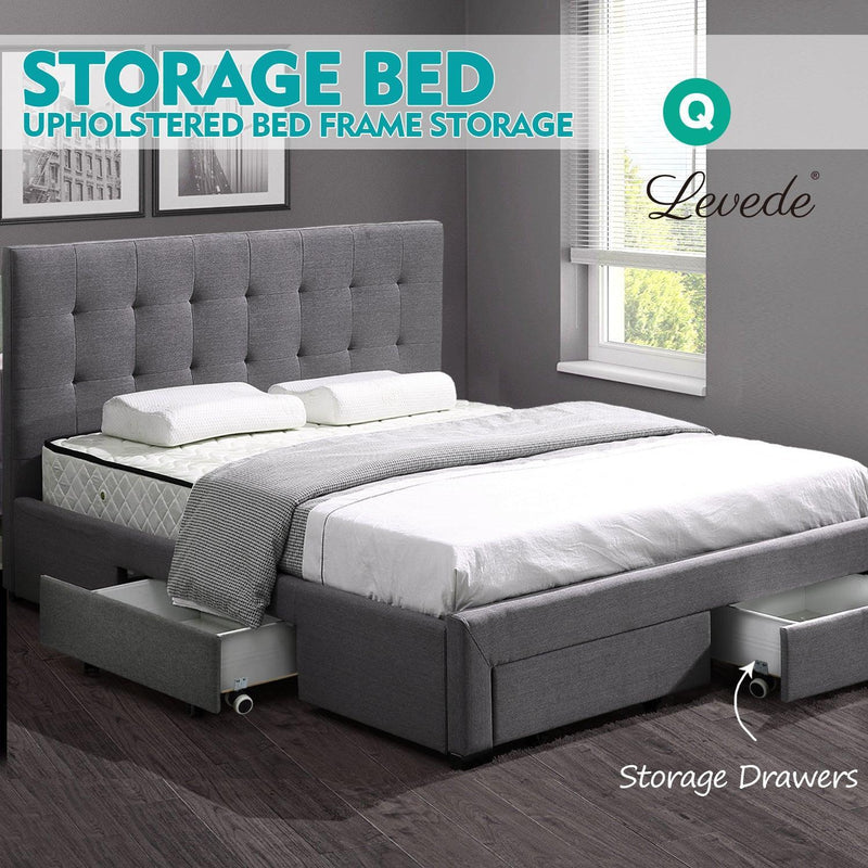 Levede Bed Frame Double King Fabric With Drawers Storage Wooden Mattress Grey - John Cootes