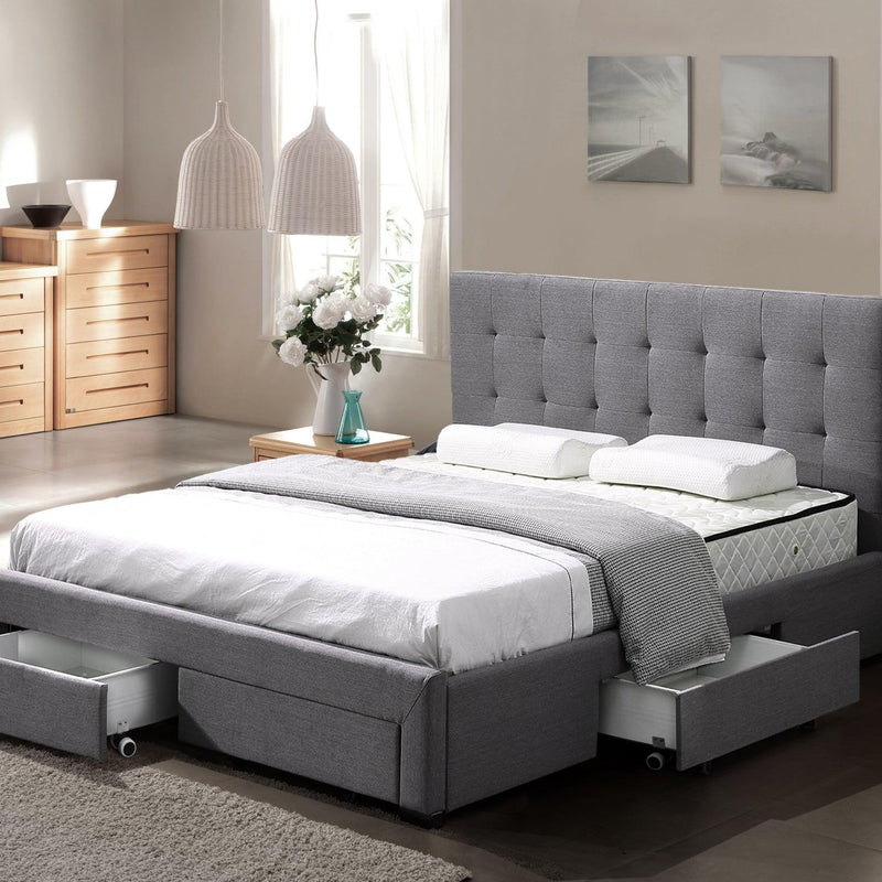 Levede Bed Frame Double King Fabric With Drawers Storage Wooden Mattress Grey - John Cootes