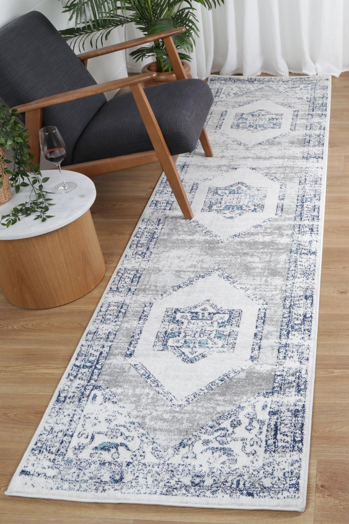 Ligures Navy Cream Ancient Rug 80X300cm - John Cootes