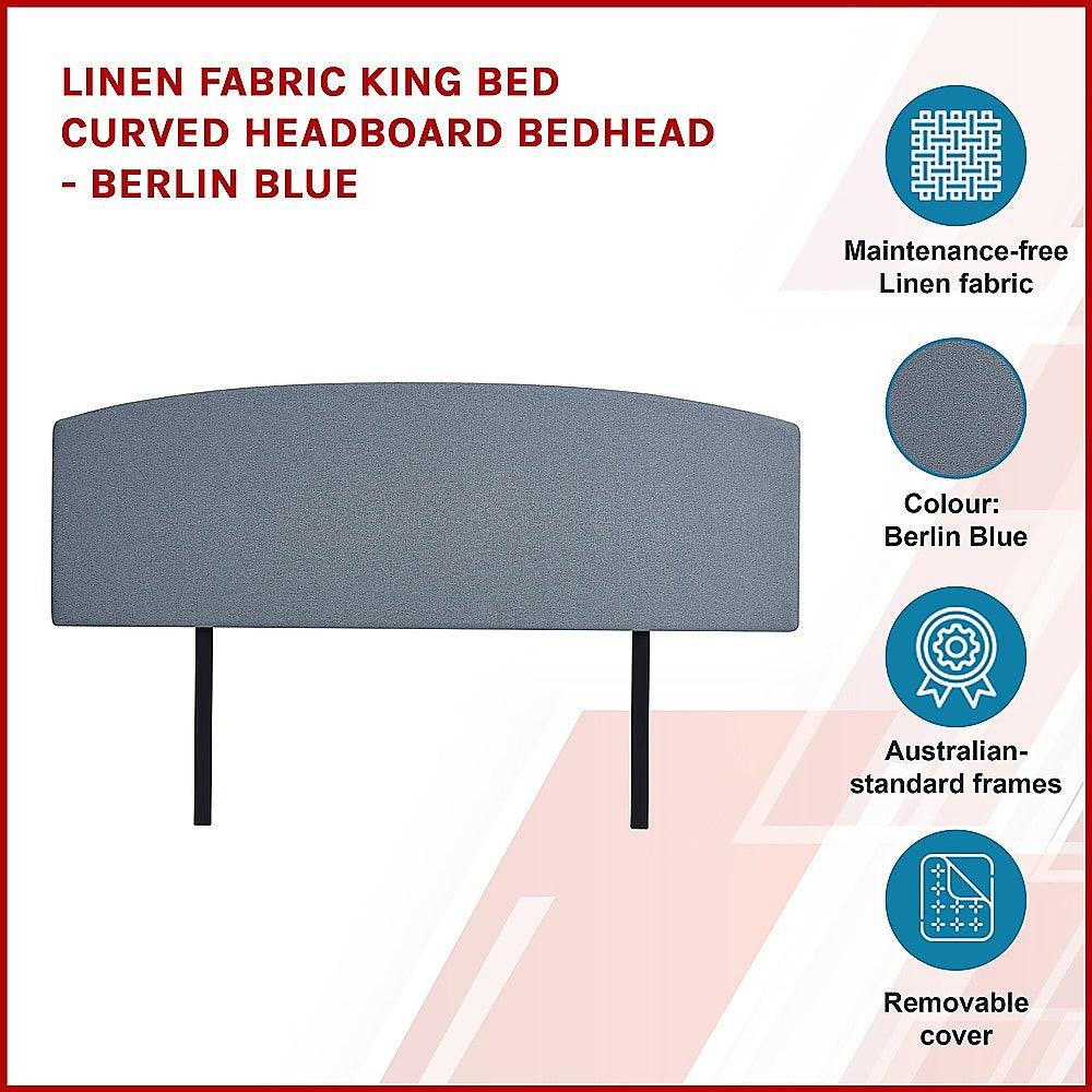 Linen Fabric King Bed Curved Headboard Bedhead - Berlin Blue - John Cootes