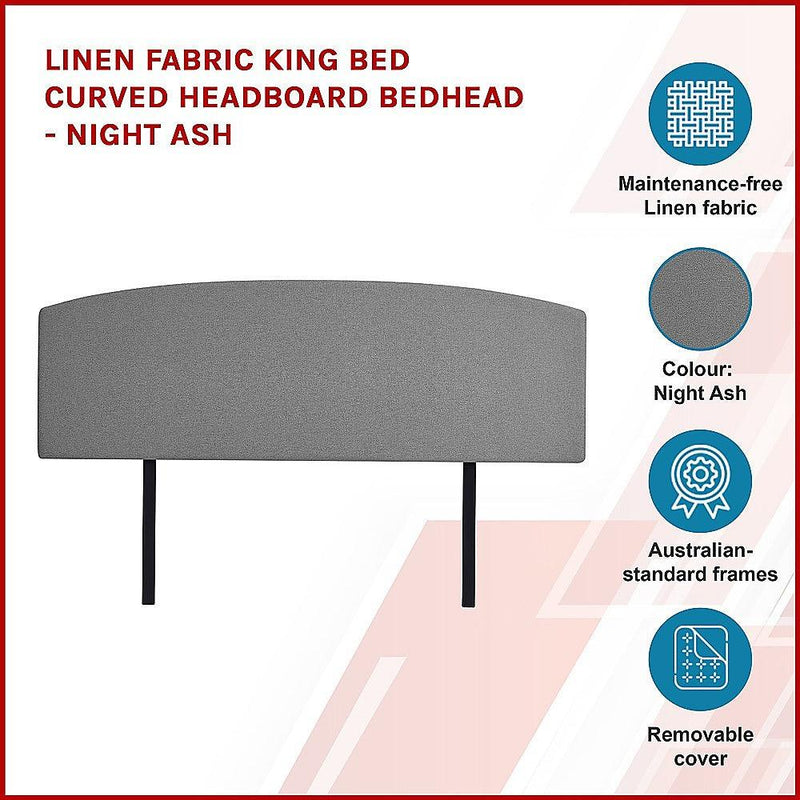 Linen Fabric King Bed Curved Headboard Bedhead - Night Ash - John Cootes