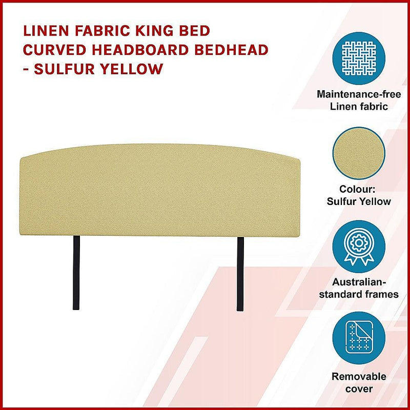 Linen Fabric King Bed Curved Headboard Bedhead - Sulfur Yellow - John Cootes
