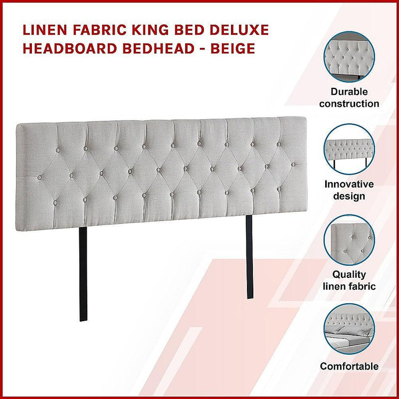 Linen Fabric King Bed Deluxe Headboard Bedhead - Beige - John Cootes