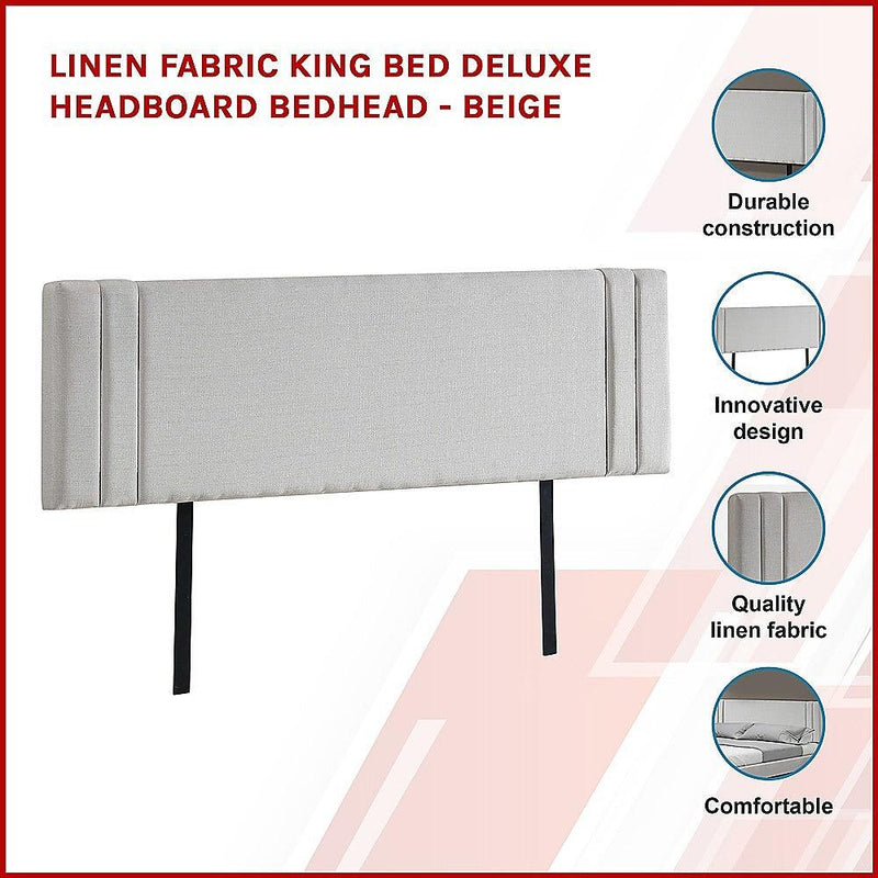 Linen Fabric King Bed Deluxe Headboard Bedhead - Beige - John Cootes