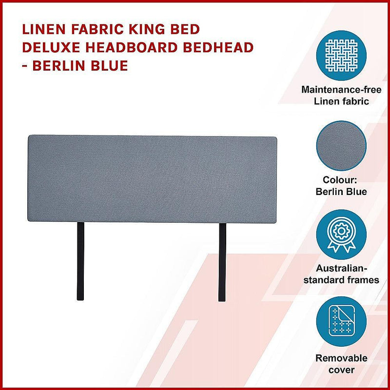 Linen Fabric King Bed Deluxe Headboard Bedhead - Berlin Blue - John Cootes