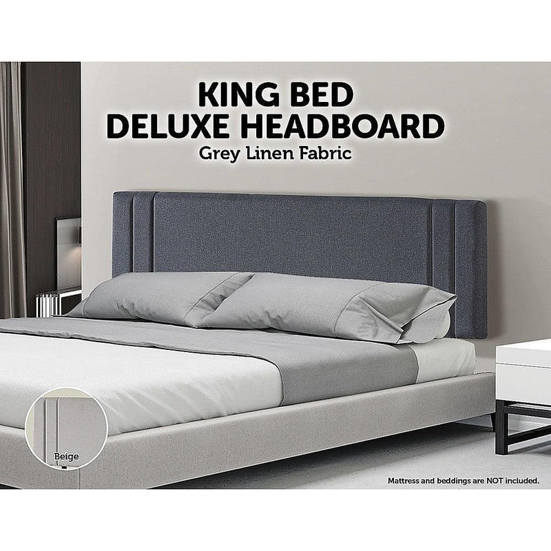 Linen Fabric King Bed Deluxe Headboard Bedhead - Grey - John Cootes