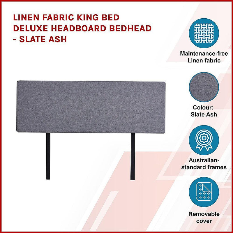 Linen Fabric King Bed Deluxe Headboard Bedhead - Slate Ash - John Cootes