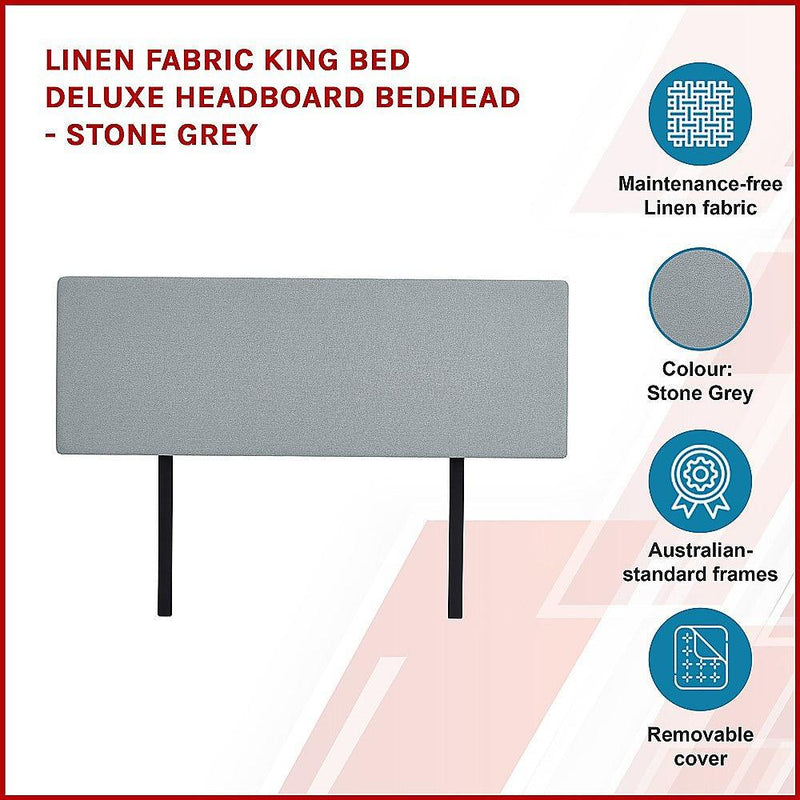 Linen Fabric King Bed Deluxe Headboard Bedhead - Stone Grey - John Cootes
