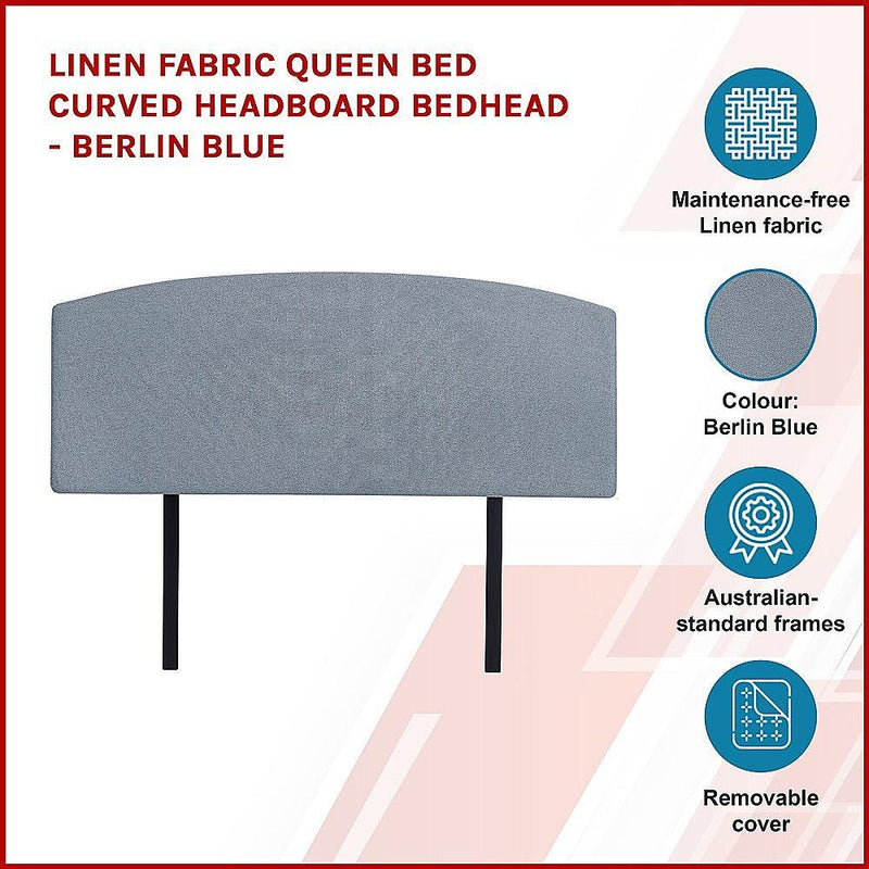 Linen Fabric Queen Bed Curved Headboard Bedhead - Berlin Blue - John Cootes