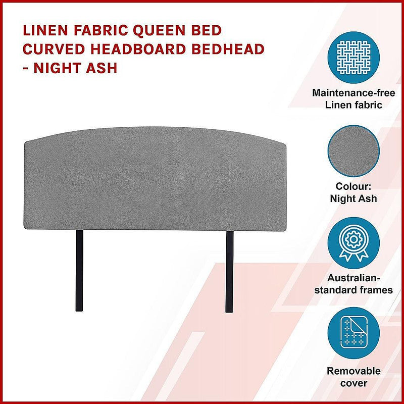 Linen Fabric Queen Bed Curved Headboard Bedhead - Night Ash - John Cootes
