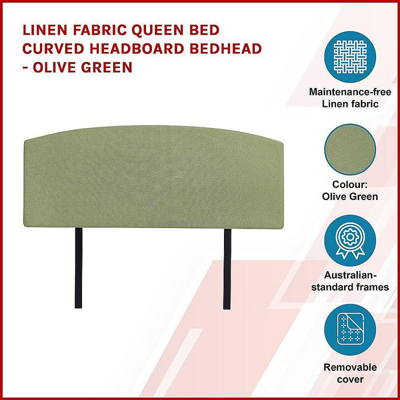 Linen Fabric Queen Bed Curved Headboard Bedhead - Olive Green - John Cootes
