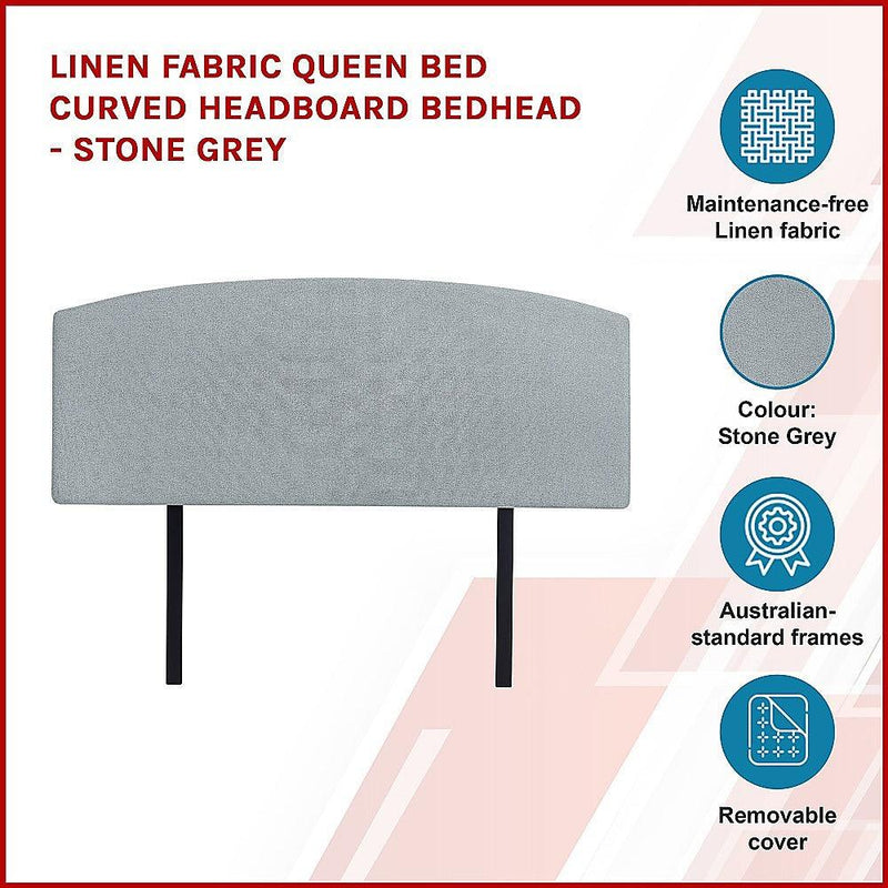 Linen Fabric Queen Bed Curved Headboard Bedhead - Stone Grey - John Cootes