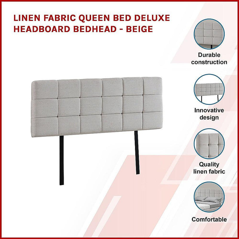 Linen Fabric Queen Bed Deluxe Headboard Bedhead - Beige - John Cootes