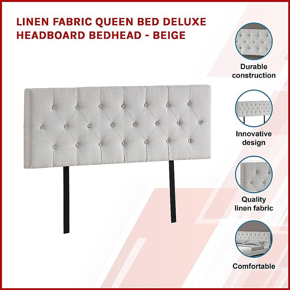 Linen Fabric Queen Bed Deluxe Headboard Bedhead - Beige - John Cootes