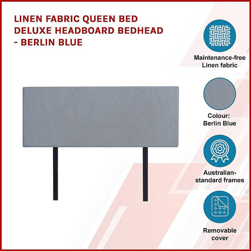Linen Fabric Queen Bed Deluxe Headboard Bedhead - Berlin Blue - John Cootes