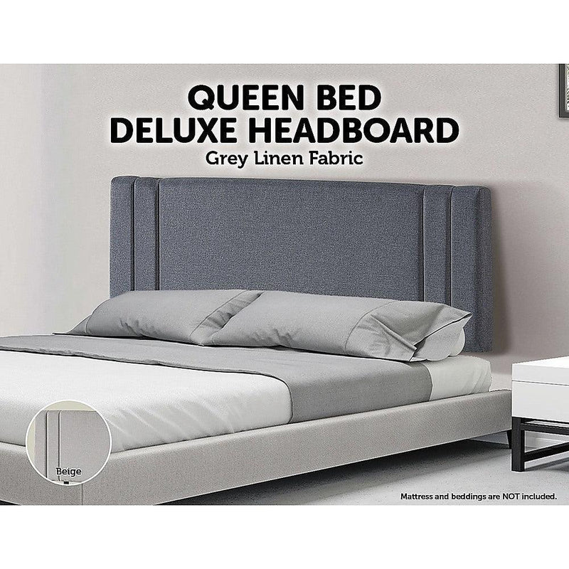 Linen Fabric Queen Bed Deluxe Headboard Bedhead - Grey - John Cootes