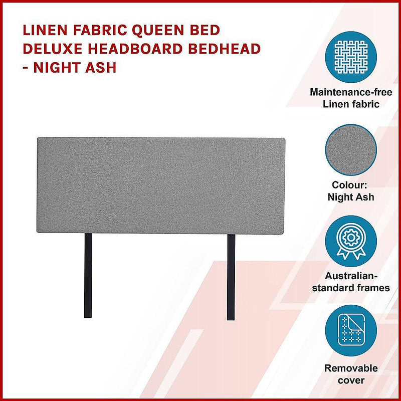 Linen Fabric Queen Bed Deluxe Headboard Bedhead - Night Ash - John Cootes