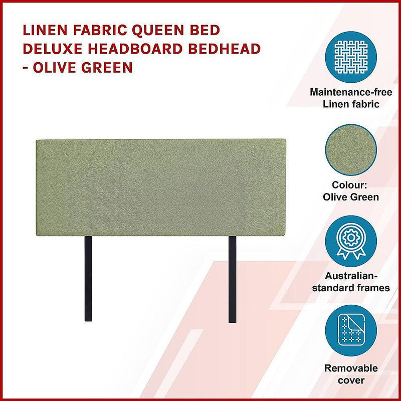 Linen Fabric Queen Bed Deluxe Headboard Bedhead - Olive Green - John Cootes