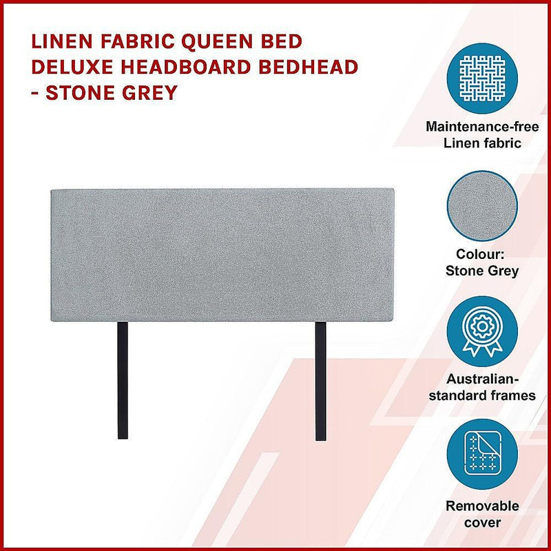 Linen Fabric Queen Bed Deluxe Headboard Bedhead - Stone Grey - John Cootes