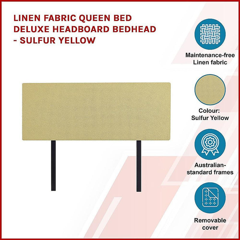 Linen Fabric Queen Bed Deluxe Headboard Bedhead - Sulfur Yellow - John Cootes