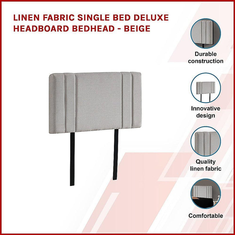 Linen Fabric Single Bed Deluxe Headboard Bedhead - Beige - John Cootes