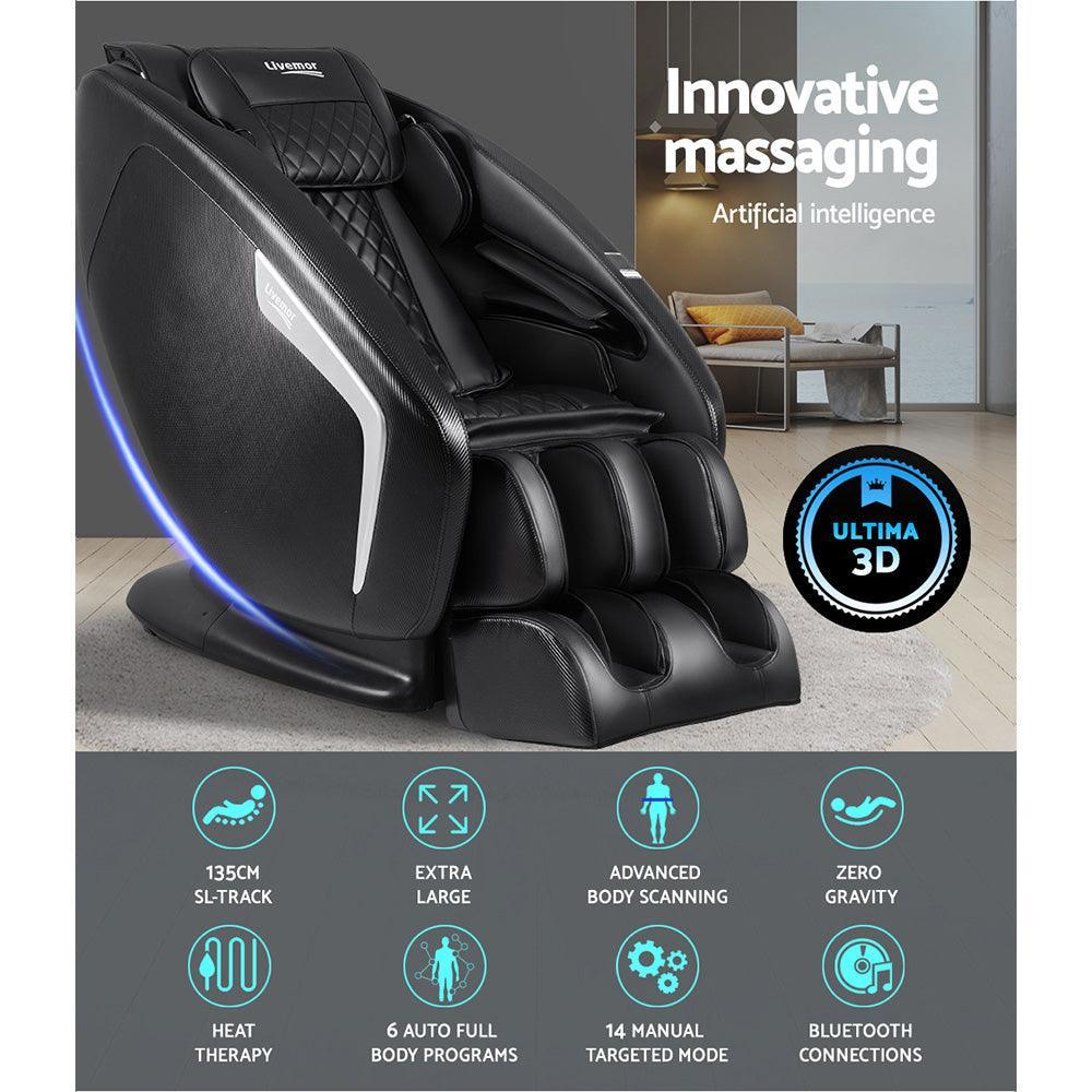 Livemor 3D Electric Massage Chair Shiatsu SL Track Full Body 58 Air Bags Black - John Cootes