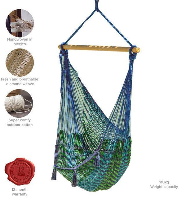 Mayan Legacy Extra Large Outdoor Cotton Mexican Hammock Chair in Caribe Colour - John Cootes
