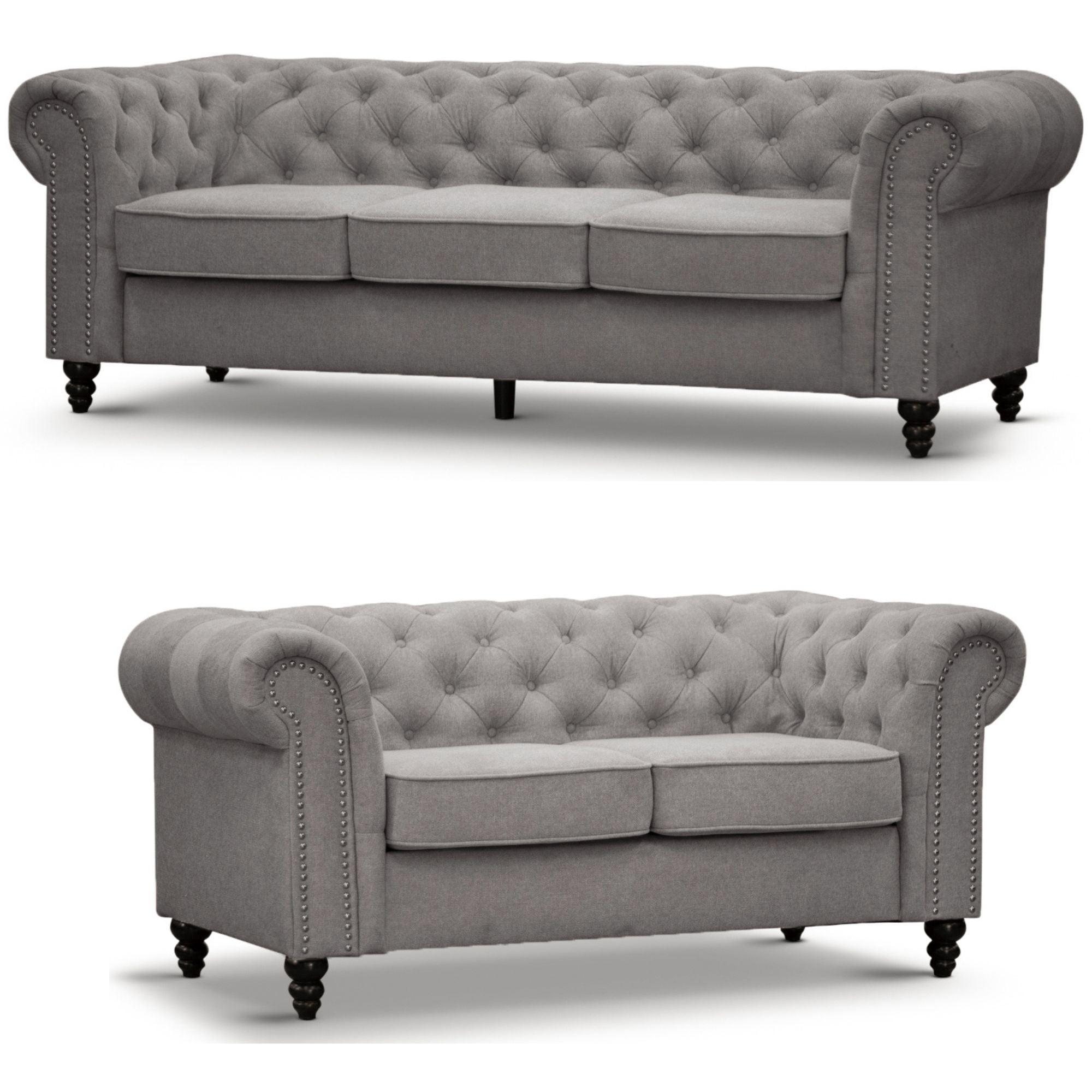 Mellowly 3 + 2 Seater Sofa Fabric Uplholstered Chesterfield Lounge Couch - Grey - John Cootes