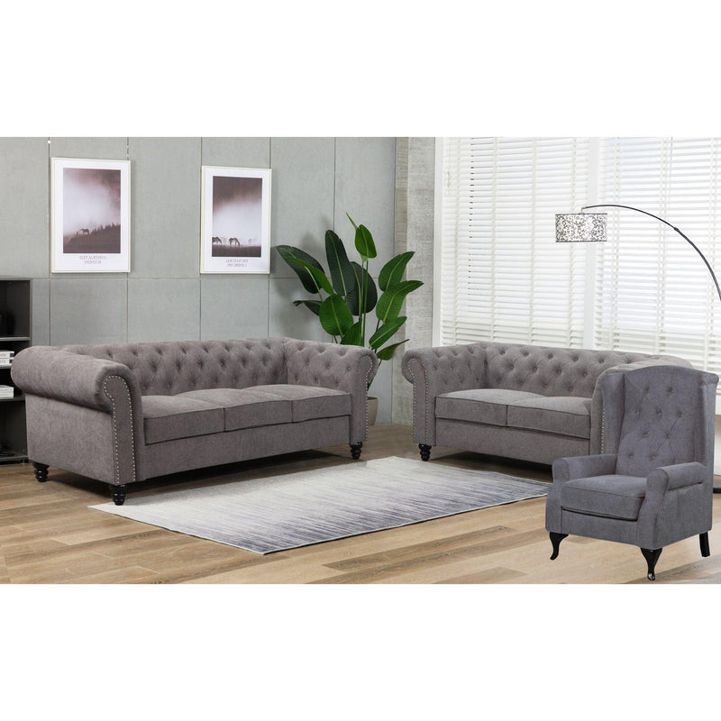 Mellowly 3 + 2 Seater Sofa Fabric Uplholstered Chesterfield Lounge Couch - Grey - John Cootes