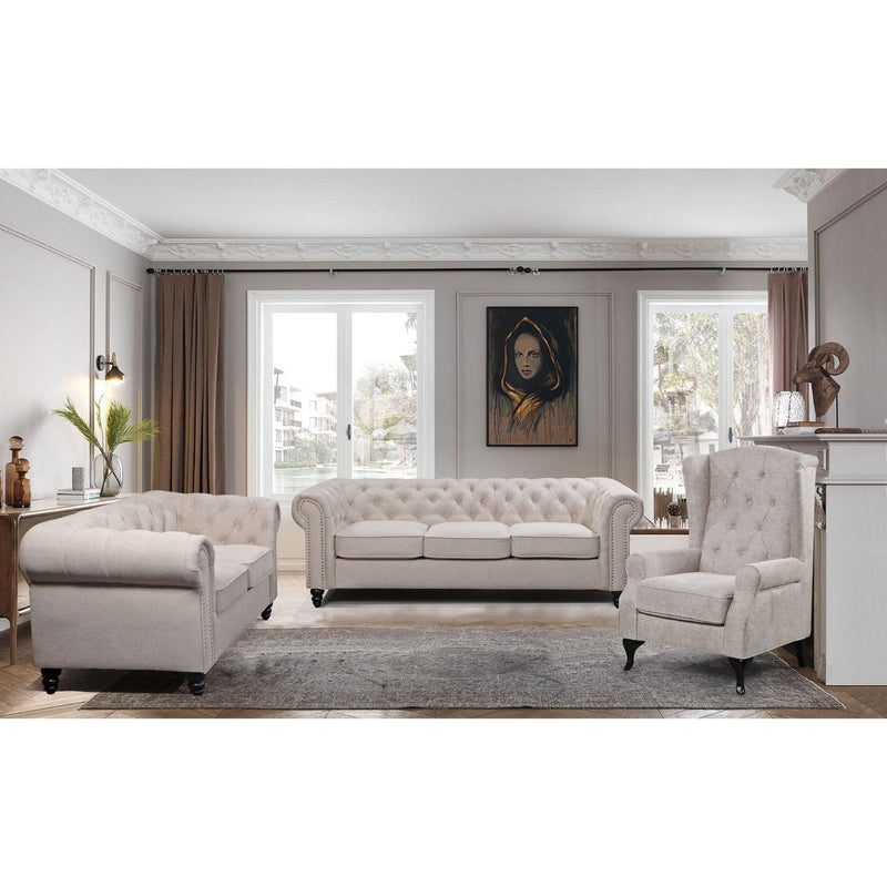 Mellowly 3 Seater Sofa Fabric Uplholstered Chesterfield Lounge Couch - Beige - John Cootes