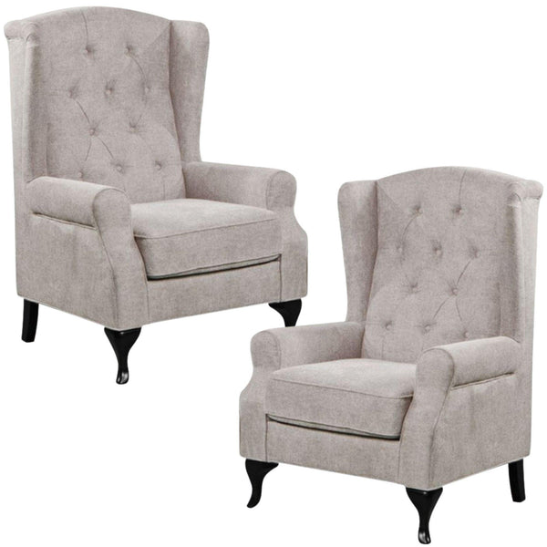 Mellowly Set of 2 Wing Back Chair Sofa Fabric Chesterfield Armchair - Beige - John Cootes