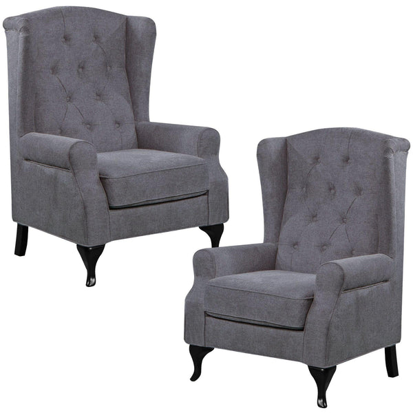 Mellowly Set of 2 Wing Back Chair Sofa Fabric Chesterfield Armchair - Grey - John Cootes