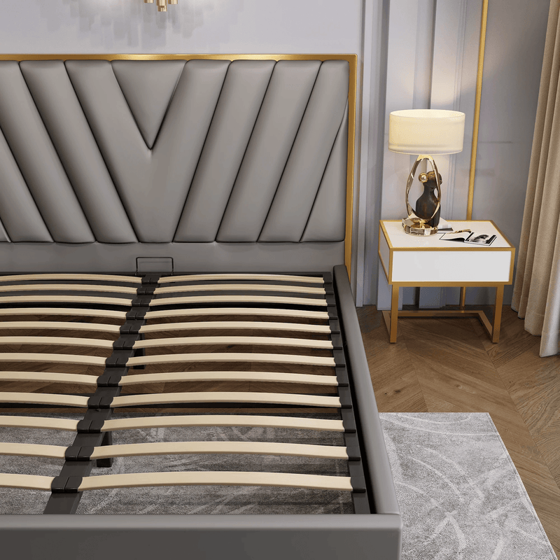 Menlo Elegant Luxury Bedframe PU Leather Golden Trim Grey-King - John Cootes