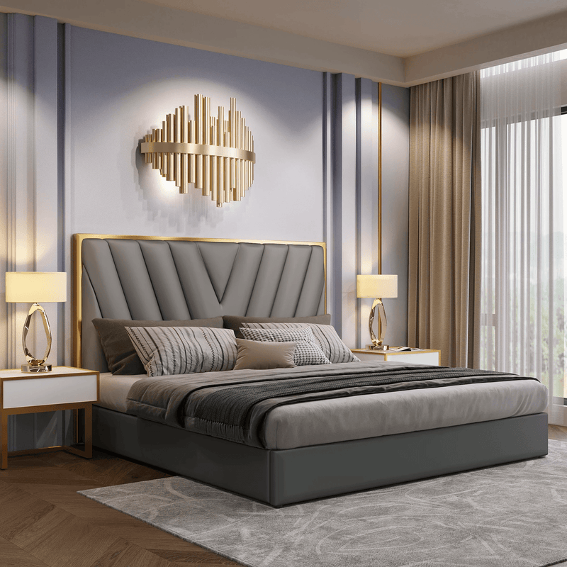 Menlo Elegant Luxury Bedframe PU Leather Golden Trim Grey-King - John Cootes