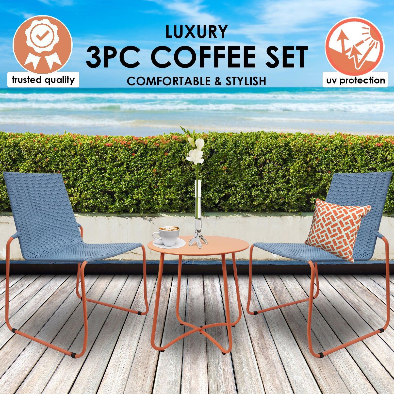 Milano 3pc Outdoor Furniture Steel/Rattan Coffee Table & Chairs Patio Garden Set - Blue & Orange - John Cootes