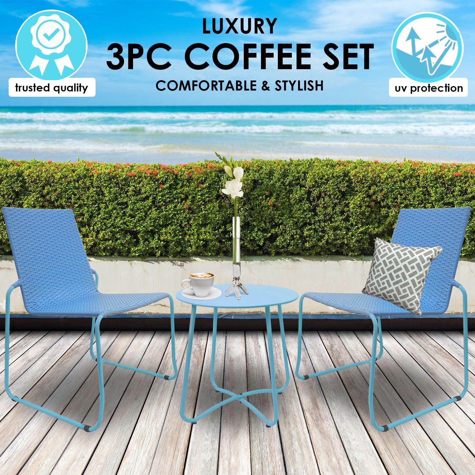 Milano 3pc Outdoor Furniture Steel/Rattan Coffee Table & Chairs Patio Garden Set - Blue - John Cootes